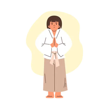 Niño con kimono y cinturón blanco  Ilustración