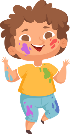 Niño pequeño con manchas de pintura en el cuerpo.  Ilustración