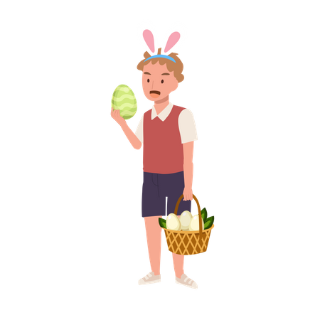 Un niño con orejas de conejo sosteniendo un huevo de Pascua y una canasta en la otra mano  Ilustración