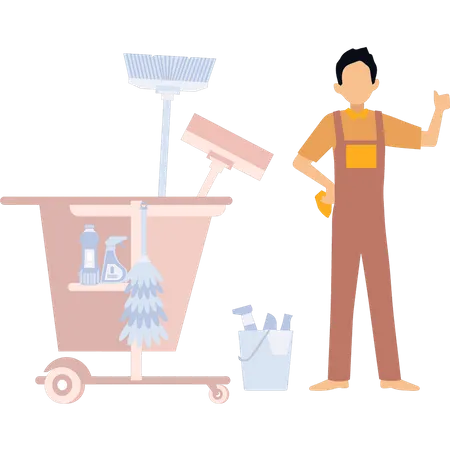 Niño con productos de limpieza.  Ilustración
