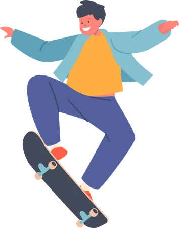 Joven con ropa moderna saltando en patineta  Ilustración