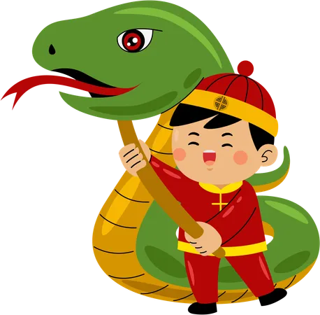 Niño con serpiente china  Illustration