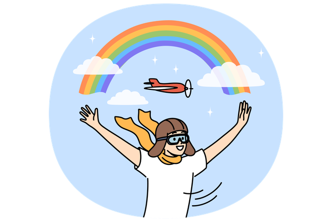 Un niño con sombrero de aviador sueña con convertirse en piloto y trabajar como aviador.  Ilustración