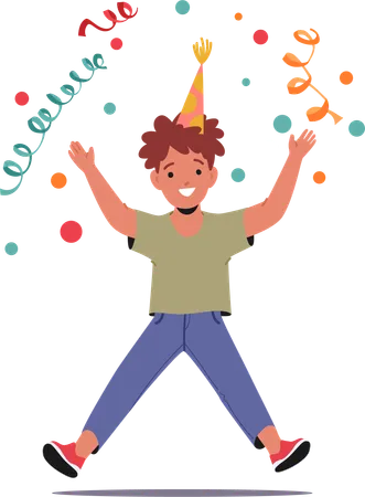 Niño con sombrero salta alegremente y celebra su fiesta de cumpleaños con actividades llenas de diversión  Ilustración