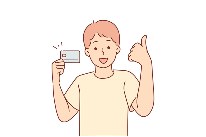 Un niño pequeño con tarjeta de crédito muestra los pulgares hacia arriba  Ilustración