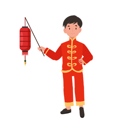 Niño con traje tradicional chino sosteniendo linterna roja  Ilustración