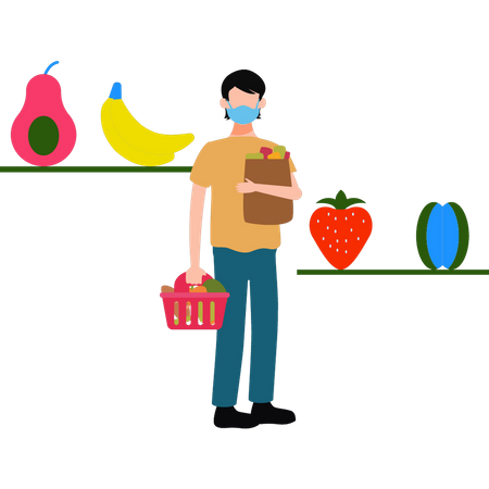 Niño con una máscara y comprando frutas en el mercado  Ilustración