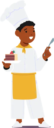 Un niño pequeño con uniforme de chef sostiene un pastel en un plato  Ilustración