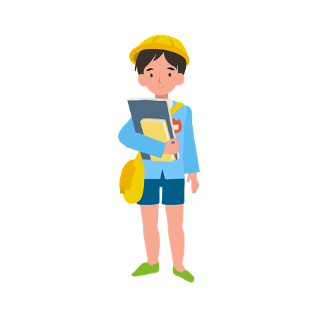 Niño con uniforme escolar con un libro de texto para el aprendizaje educativo.  Ilustración