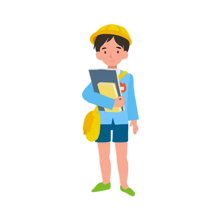 Niño con uniforme escolar con un libro de texto para el aprendizaje educativo.  Ilustración