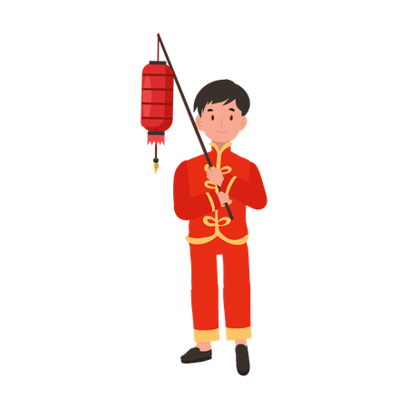 Niño con traje tradicional chino sosteniendo linterna roja  Ilustración