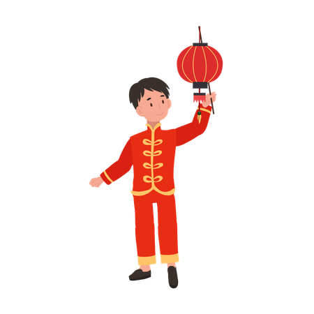 Niño con traje tradicional chino sosteniendo linterna roja  Ilustración