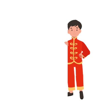 Niño con vestido tradicional chino sosteniendo papel blanco  Ilustración