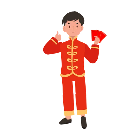 Niño con traje tradicional chino sosteniendo sobre rojo  Ilustración