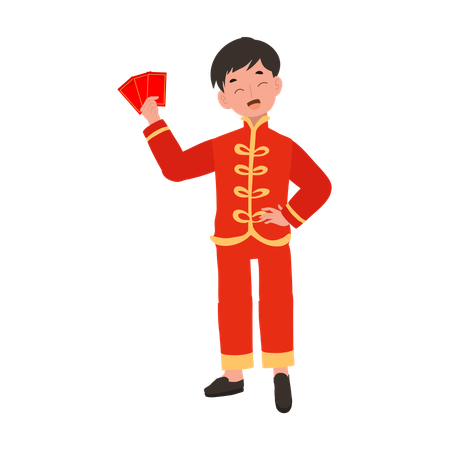 Niño con traje tradicional chino sosteniendo sobre rojo  Ilustración