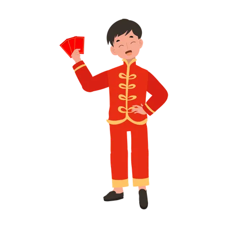 Niño con traje tradicional chino sosteniendo sobre rojo  Ilustración