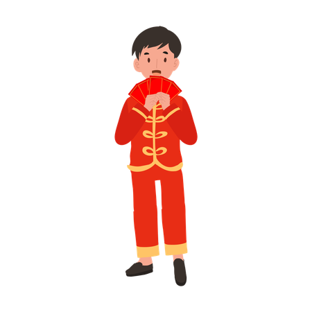 Niño con traje tradicional chino sosteniendo sobre rojo  Ilustración