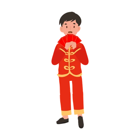 Niño con traje tradicional chino sosteniendo sobre rojo  Ilustración