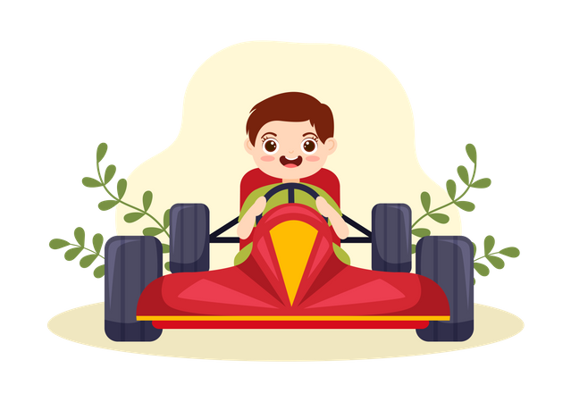 Niño pequeño conduce un coche de carreras  Ilustración