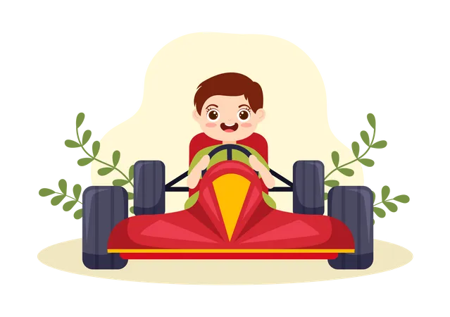 Niño pequeño conduce un coche de carreras  Ilustración