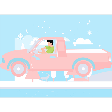 El niño conduce un jeep en invierno.  Ilustración