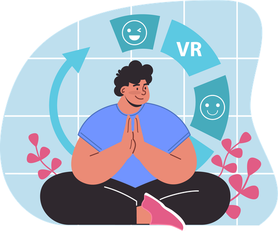 Niño realiza yoga en realidad virtual  Ilustración