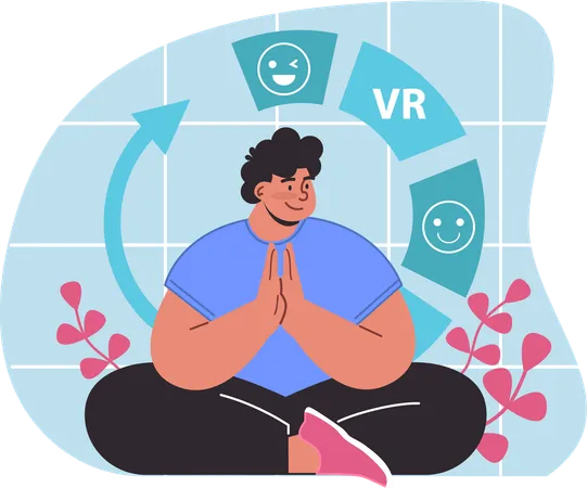 Niño realiza yoga en realidad virtual  Ilustración