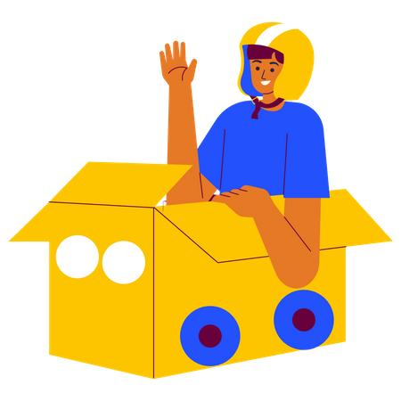 Niño conduciendo un coche de juguete hecho de caja de cartón  Ilustración