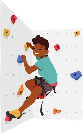 Niño conquistando el muro de escalada con determinación  Ilustración