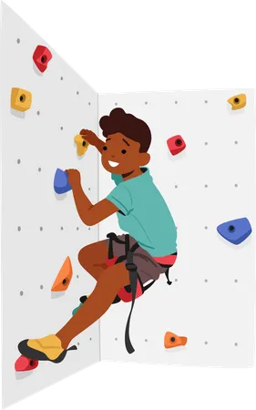 Niño conquistando el muro de escalada con determinación  Ilustración