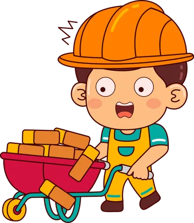 Niño constructor empujando carro de ladrillo  Ilustración