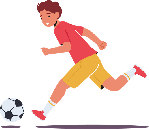 Niño pequeño corre con una pelota de fútbol jugando en el estadio  Ilustración