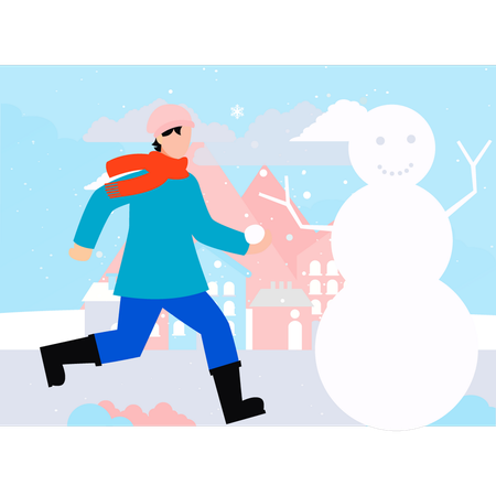 El niño corre hacia el muñeco de nieve.  Ilustración