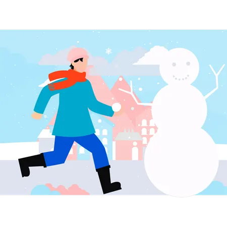 El niño corre hacia el muñeco de nieve.  Ilustración