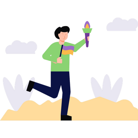 Niño corriendo con bandera deportiva y antorcha de fuego  Ilustración