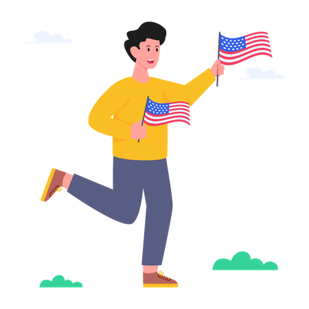 Niño corriendo con la bandera de estados unidos  Ilustración