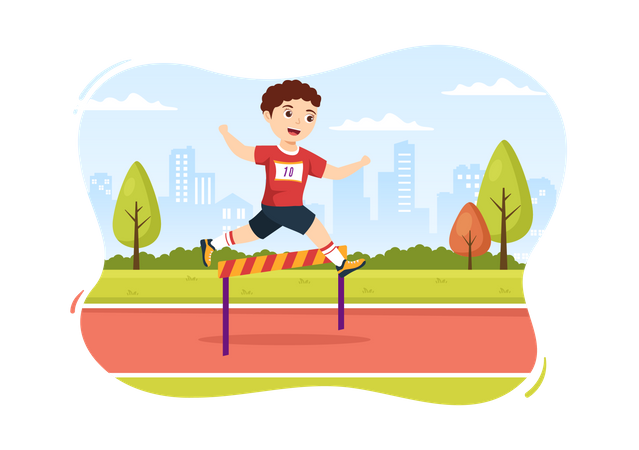 Niño corriendo en carrera de obstáculos  Ilustración