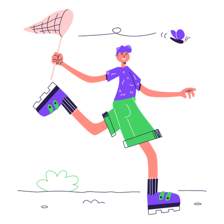 Niño corriendo para atrapar mariposas  Ilustración