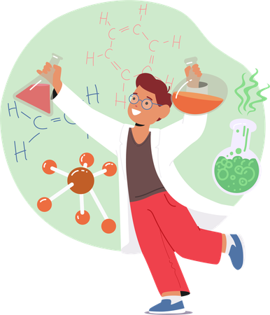 Niño curioso profundiza apasionadamente en experimentos de química  Ilustración