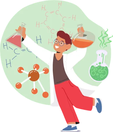 Niño curioso profundiza apasionadamente en experimentos de química  Ilustración