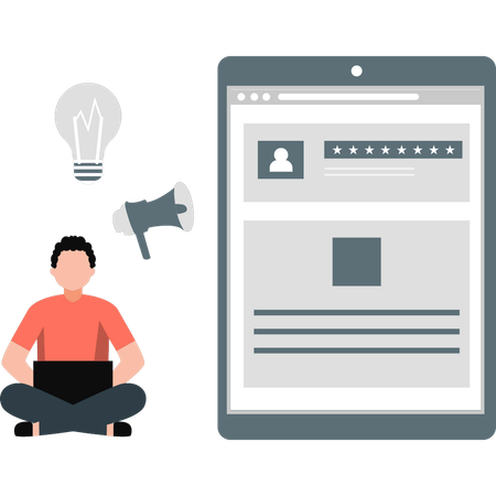 Niño dando calificación de estrellas en línea  Ilustración