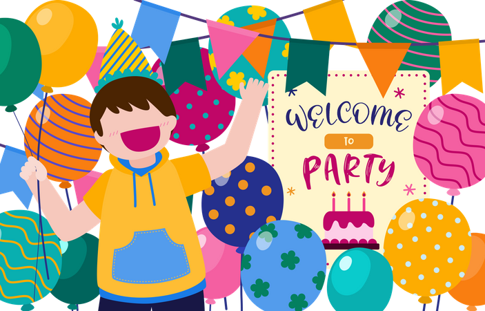 Niño dando la bienvenida a la fiesta de cumpleaños  Ilustración