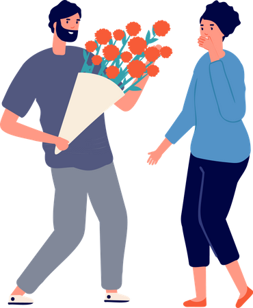 Niño dando ramo de flores a su novia  Ilustración
