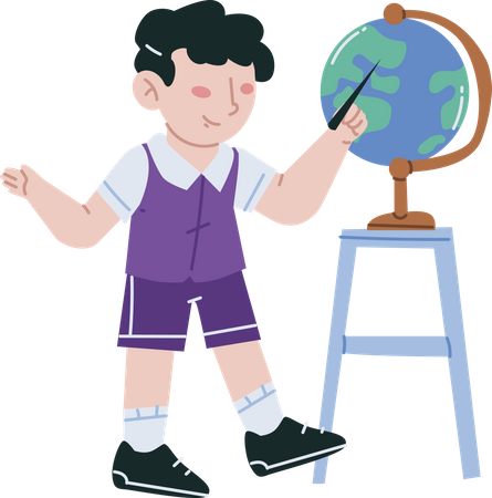 Niño de escuela aprendiendo sobre el globo terráqueo  Ilustración