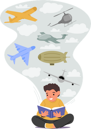 Un escolar aprendiendo sobre la historia de los aviones en un libro  Ilustración