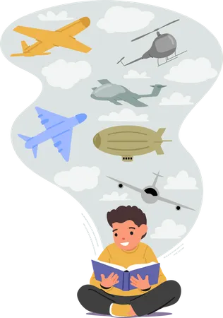 Un escolar aprendiendo sobre la historia de los aviones en un libro  Ilustración