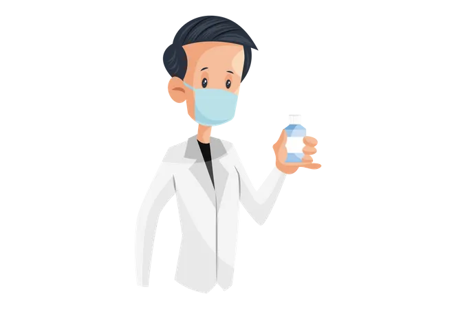 Chico de laboratorio sosteniendo un frasco de medicina en una mano  Ilustración