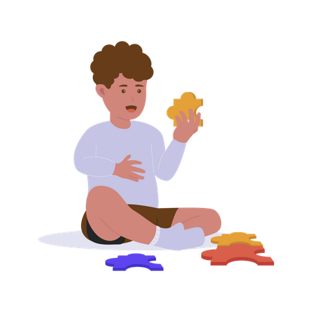 Niño de pelo rizado jugando juguete  Ilustración
