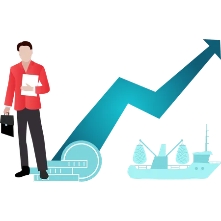 Niño de pie con gráfico de exportación de negocios  Ilustración