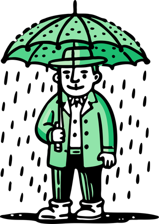 Niño de pie con paraguas bajo la lluvia  Ilustración